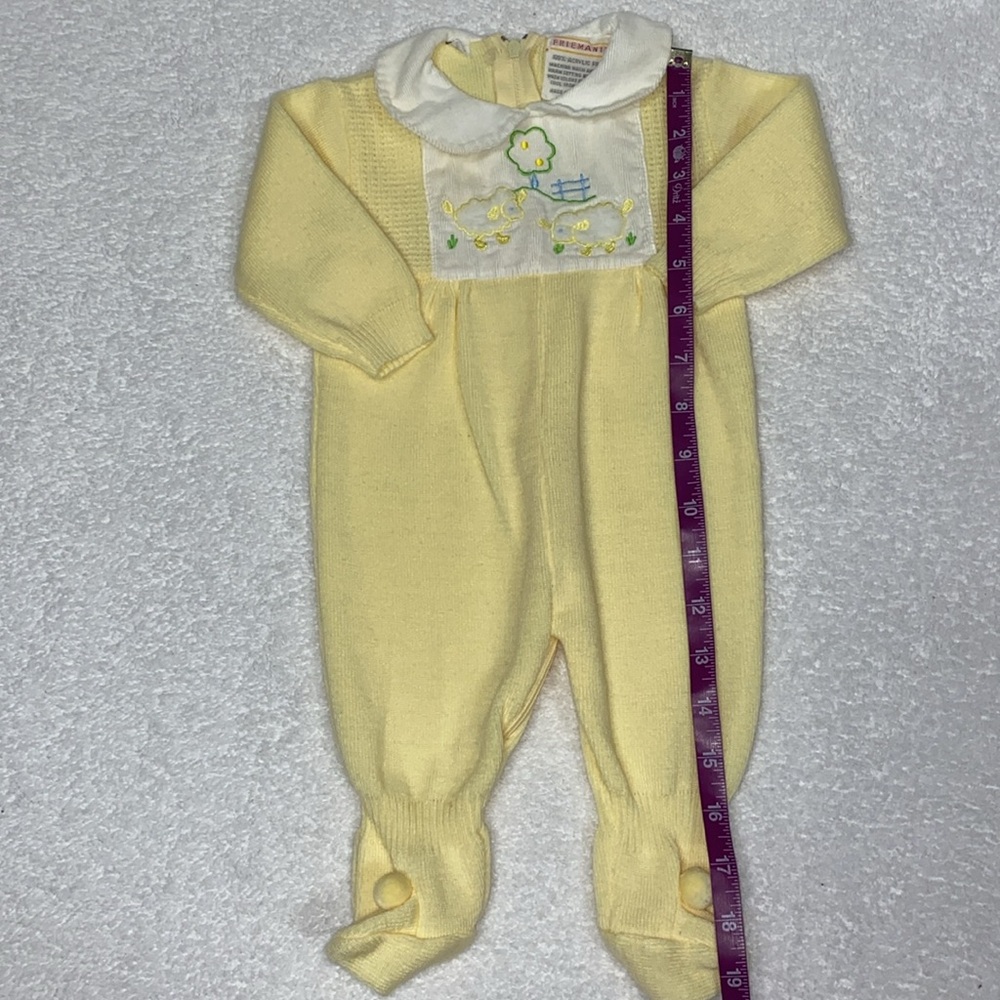 Vintage friemanit knit Yellow Kids sheep One Piece footed unisex play suit 6m - Picture 3 of 9